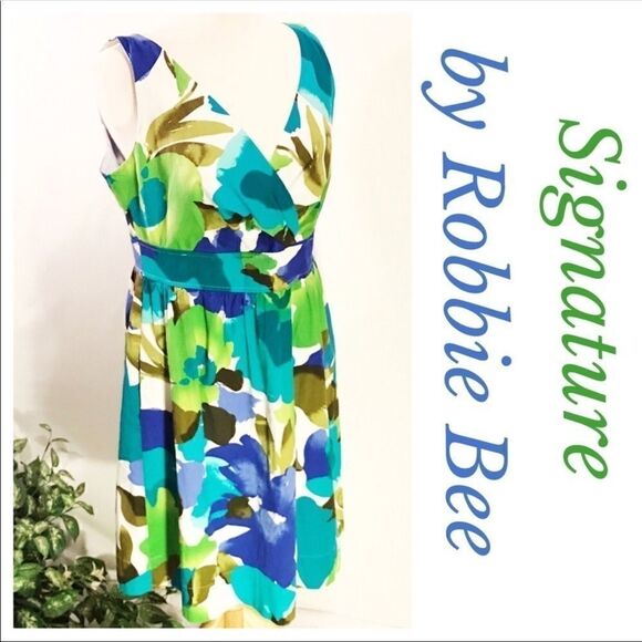 Dresses & Skirts - Signature by Robbie Bee Blue Green Floral Sleeveless Empire Waist Dress